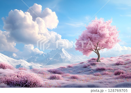 Serene Landscape with a Pink Blossom Tree Amidst a Dreamy Sky and Snowy Mountains 128769705
