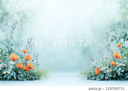 Vibrant Orange Poppies Surrounded by Delicate Greenery in a Soft Floral Landscape 128769731