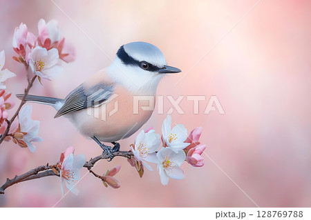 Beautiful bird perched on a branch with pink cherry blossoms in a dreamy spring setting 128769788