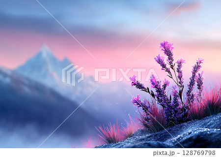 Vibrant Purple Flowers Under Mountain Range Against Soft Pastel Sunrise Sky 128769798