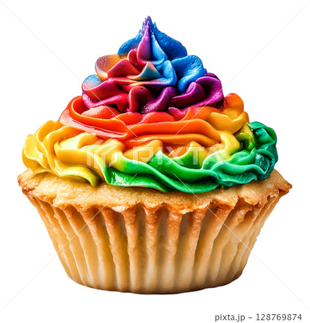 Colorful Rainbow Cupcake with Swirled Icing against Black Background 128769874