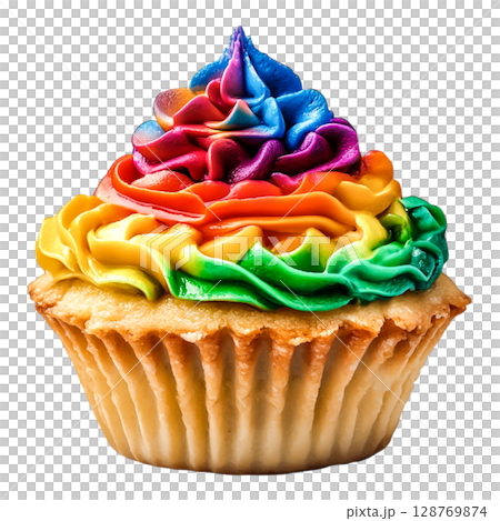 Colorful Rainbow Cupcake with Swirled Icing against Black Background 128769874