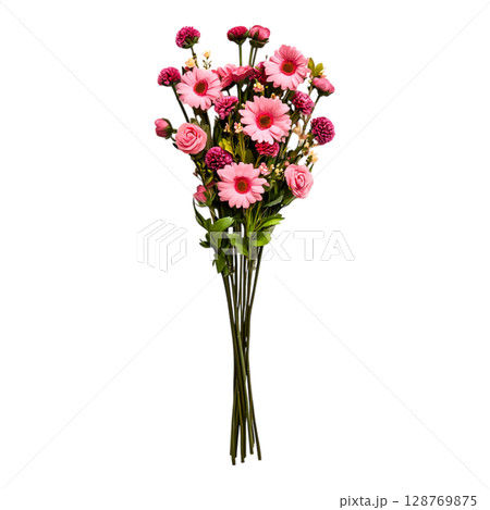 Colorful Flower Bouquet with Pink Roses and Gerbera Daisies on White Background 128769875