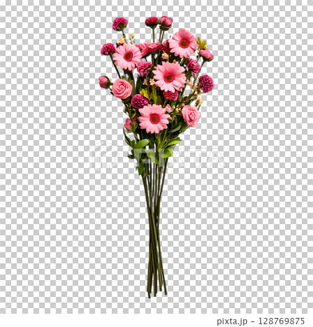 Colorful Flower Bouquet with Pink Roses and Gerbera Daisies on White Background 128769875