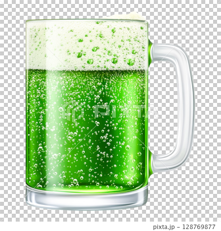 Refreshing Green Beer in a Clear Glass Mug with Bubbles on a Bright Background Refreshing Green Beer in a Clear Glass Mug with Bubbles on a Bright Background 128769877