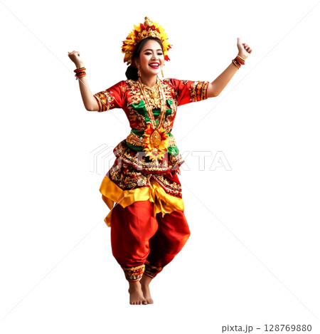 Colorful Traditional Dance Performance with Joyful Dancer in Bright Costume 128769880