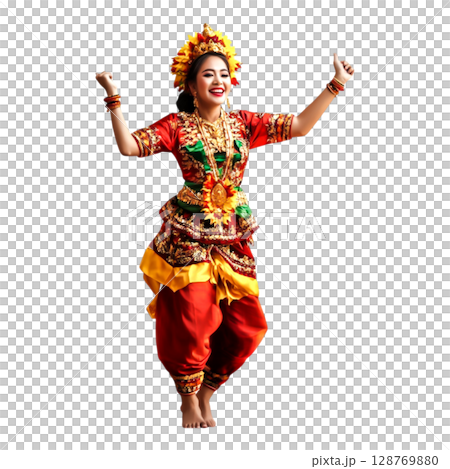Colorful Traditional Dance Performance with Joyful Dancer in Bright Costume 128769880