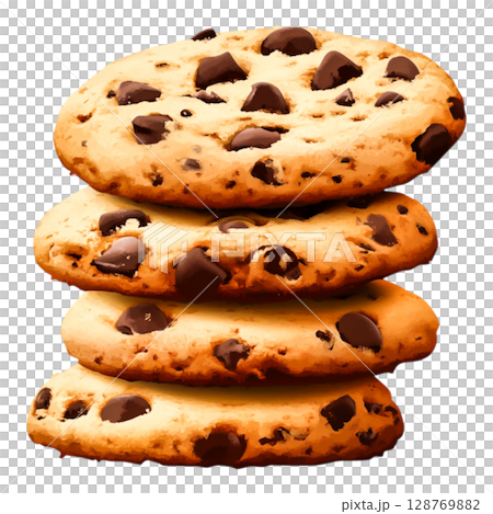 Freshly Baked Chocolate Chip Cookies Stacked for Delicious Temptation and Indulgence 128769882