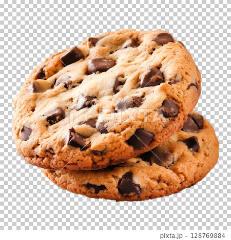 Freshly Baked Chocolate Chip Cookies Stacked on a White Background for Delicious Treats 128769884