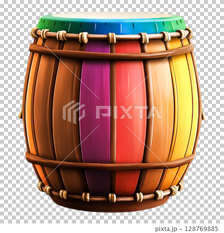 Colorful Wooden Drum with Vibrant Stripes and Traditional Aesthetic Colorful Wooden Drum with Vibrant Stripes and Traditional Aesthetic 128769885