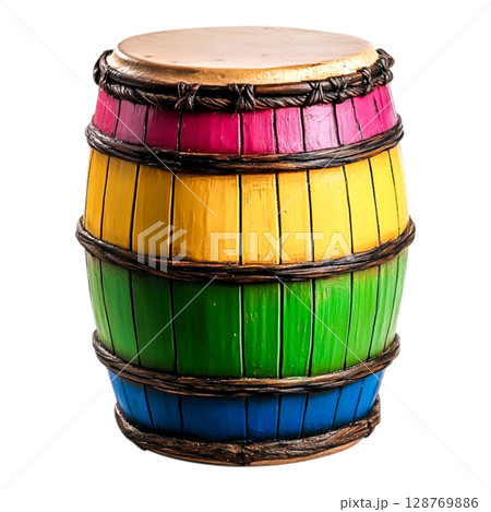 Colorful Wooden Barrel with Bright Stripes for Decoration or Storage Purpose 128769886