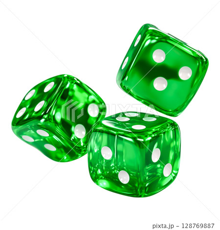 Three Vibrant Green Dice with White Dots on Transparent Background for Gaming Fun Three Vibrant Green Dice with White Dots on Transparent Background for Gaming Fun 128769887