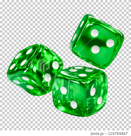 Three Vibrant Green Dice with White Dots on Transparent Background for Gaming Fun Three Vibrant Green Dice with White Dots on Transparent Background for Gaming Fun 128769887
