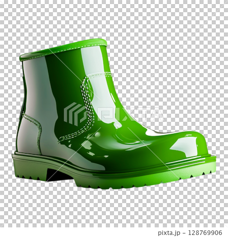 Bright Green Rubber Boot on White Background for Fun Outdoor Activities and Rain 128769906