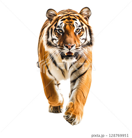 Majestic tiger walking towards camera showcasing strength and beauty in wildlife habitat 128769951