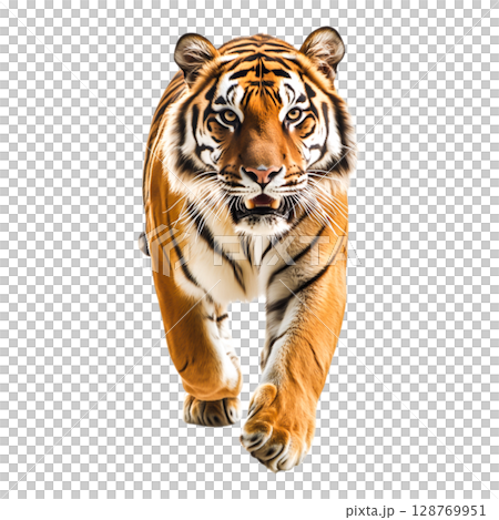Majestic tiger walking towards camera showcasing strength and beauty in wildlife habitat 128769951