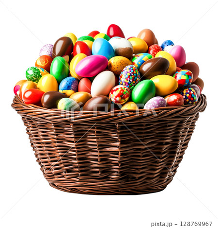 Colorful Easter Eggs in a Woven Basket Ready for Spring Celebrations and Festivities 128769967