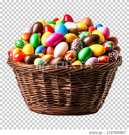 Colorful Easter Eggs in a Woven Basket Ready for Spring Celebrations and Festivities Colorful Easter Eggs in a Woven Basket Ready for Spring Celebrations and Festivities 128769967