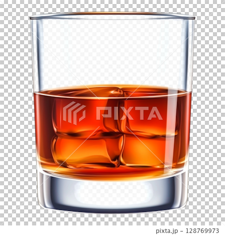Glass of Amber Whiskey on Ice with Rich Colors and Reflections in Clear Crystal Glass of Amber Whiskey on Ice with Rich Colors and Reflections in Clear Crystal 128769973