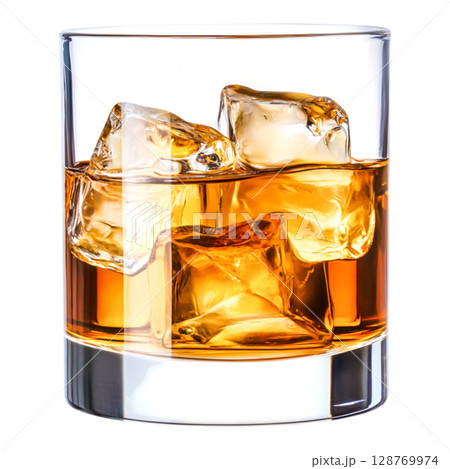 Glass of amber whiskey with ice cubes on a clean background for drink concepts 128769974