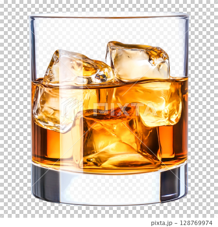 Glass of amber whiskey with ice cubes on a clean background for drink concepts Glass of amber whiskey with ice cubes on a clean background for drink concepts 128769974