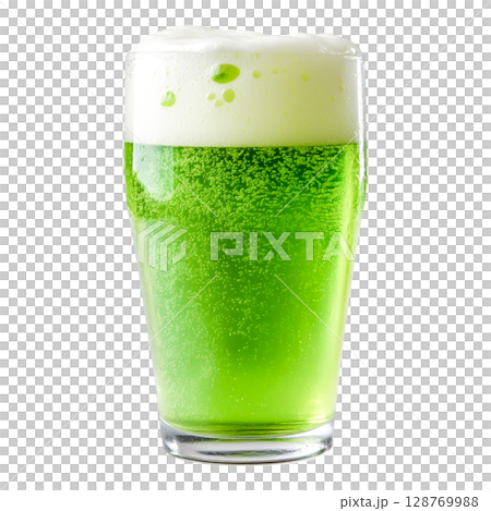 Bright Green Beer in a Tall Glass with Frothy White Foam on Top for Festive Occasions 128769988