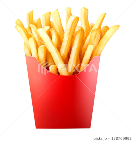 Freshly Cooked Crispy French Fries in a Red Container Isolated on White Background 128769992