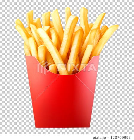 Freshly Cooked Crispy French Fries in a Red Container Isolated on White Background 128769992