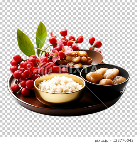 Elegant Presentation of Rice and Sweet Treats Surrounded by Fresh Fruits and Leaves 128770042