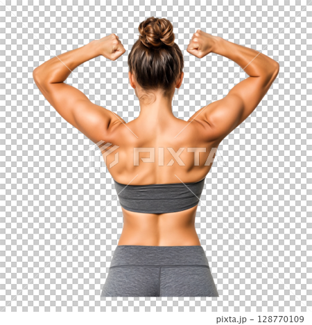 Female Athlete Flexing Muscles in Sports Bra with Strong Physique on Isolated Background 128770109