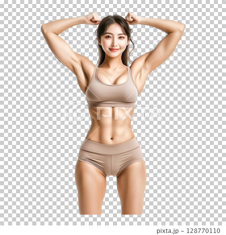 Strong and Fit Young Woman Posing Confidently with Sculpted Body in Sportswear Strong and Fit Young Woman Posing Confidently with Sculpted Body in Sportswear 128770110