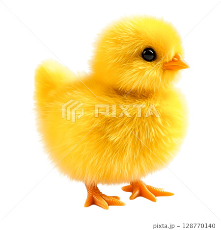 Cute Yellow Chick Standing on a White Background with Fluffy Feathers and Bright Eyes 128770140