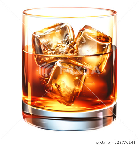 Realistic glass of whiskey with ice cubes, amber liquid, and glossy surface 128770141