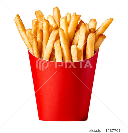 Freshly Cooked Golden French Fries in a Red Paper Cup Isolated on White Background 128770144