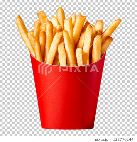 Freshly Cooked Golden French Fries in a Red Paper Cup Isolated on White Background 128770144