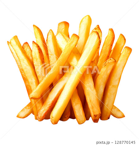 Golden Crispy French Fries Stacked in a Delicious Arrangement on a White Background 128770145