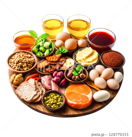 Colorful Assortment of Fresh Ingredients on Wooden Plate with Beverages and Snacks 128770151