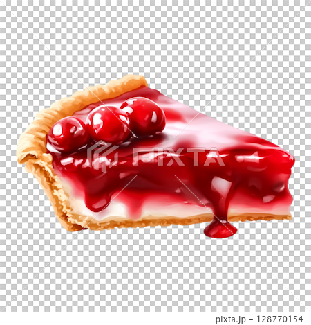 Delicious cherry pie slice with vibrant red filling and flaky golden crust on white background Delicious cherry pie slice with vibrant red filling and flaky golden crust on white background 128770154