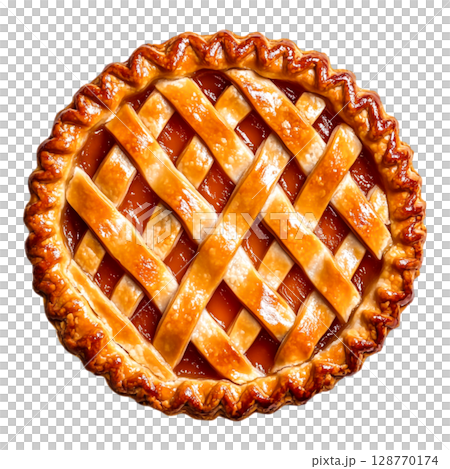 Delicious Homemade Pie with Lattice Crust and Warm Glaze on a White Background 128770174