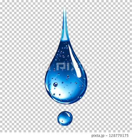 Clear Blue Water Drop with Bubbles Isolated on White Background 128770175