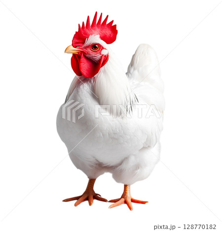 Majestic White Chicken with Vibrant Red Comb Standing Proudly in Bright Light 128770182