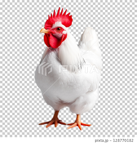 Majestic White Chicken with Vibrant Red Comb Standing Proudly in Bright Light 128770182