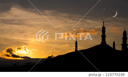 Musque Dome Camel Desert Mountain Night Building with Sky Moon Sunset Background Mubaruk Greeting Islam Ramadan Element Masjid Aqsa Hajj Kaaba Umrah Eid Arabian Religion Islamic Arab Muslim Greeting. Musque Dome Camel Desert Mountain Night Building with Sky Moon Sunset Background Mubaruk Greeting Islam Ramadan Element Masjid Aqsa Hajj Kaaba Umrah Eid Arabian Religion Islamic Arab Muslim Greeting. 128770286