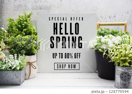 Hello Spring Sale 80% off Promotion Offer Discount Retail Shopping Concept Hello Spring Sale 80% off Promotion Offer Discount Retail Shopping Concept 128770594
