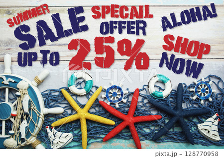 Summer Sale 25% off with Nautical and summer decoration on wooden background 128770958