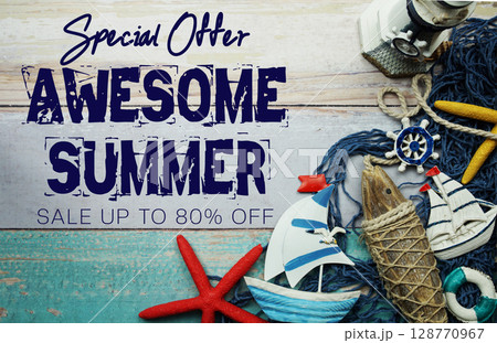 Summer Sale 80% off with Nautical and summer decoration on wooden background 128770967