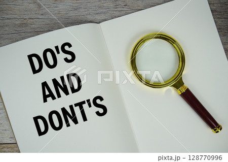 Do's And Dont's text written on chalkboard with alarm clock on wooden background 128770996