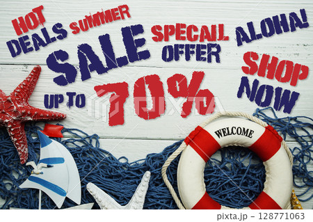 Summer Sale 70% off with Nautical and summer decoration on wooden background Summer Sale 70% off with Nautical and summer decoration on wooden background 128771063