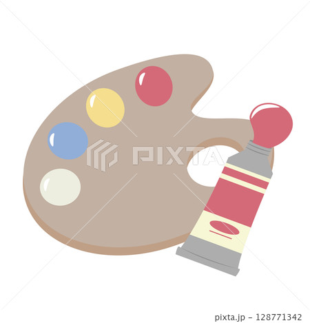 木のパレットと赤い絵の具のセット|画材イラスト 木のパレットと赤い絵の具のセット|画材イラスト 128771342