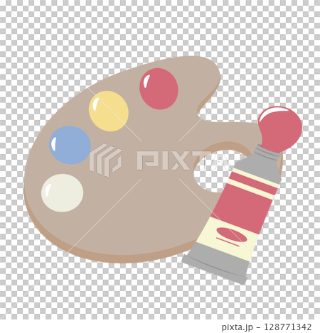 木のパレットと赤い絵の具のセット|画材イラスト 木のパレットと赤い絵の具のセット|画材イラスト 128771342